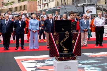 79th Formula 1 Grand Prix de Monaco trophy trunk by Louis Vuitton. from left to right: - Son Excellence Monsieur Pierre Dartout, Ministre d’Etat - Shekh Mohammed Ben Sulayem, President de la FIA - S.A.S la Princesse Charlène - S.A.S le Prince Albert II - Stefano Domenicali, Président & CEO Formula 1 - Andrea Casiraghi - Greg Maffei, CEO of Liberty Media Corporation - Ross Brown, Managing Director Motorsports F1